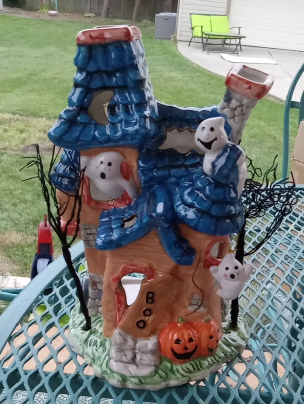 Ceramic Halloween Haunted House with Blue Roof and Ghosts